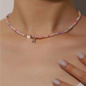 Multicolor Beaded Gold Diamond Initial Choker Heart Pendant Necklace OS New